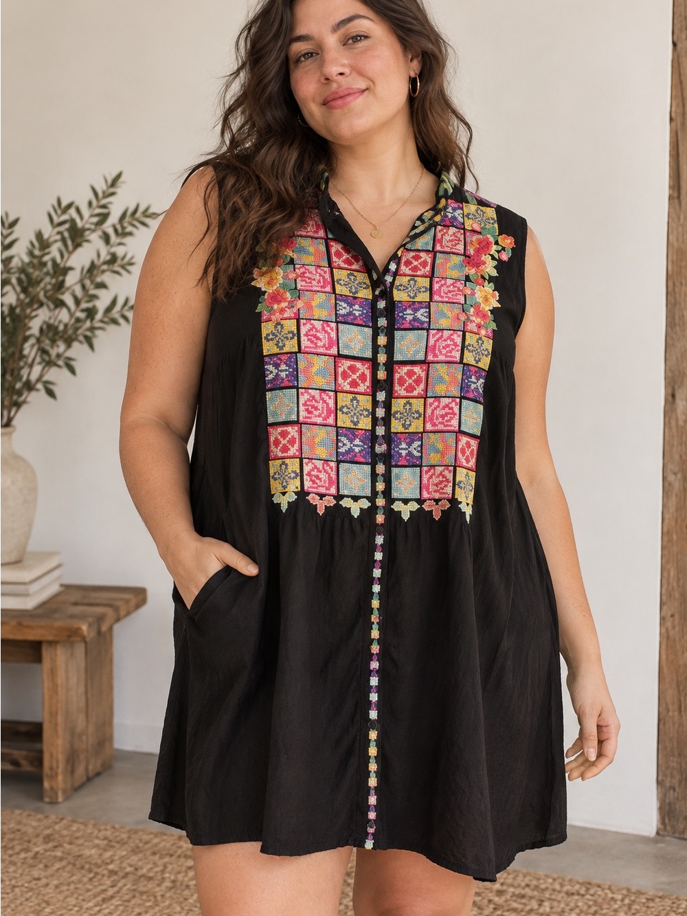 Johnny Was Embroidered Crosstich Black Sleeveless Dress XL EUC